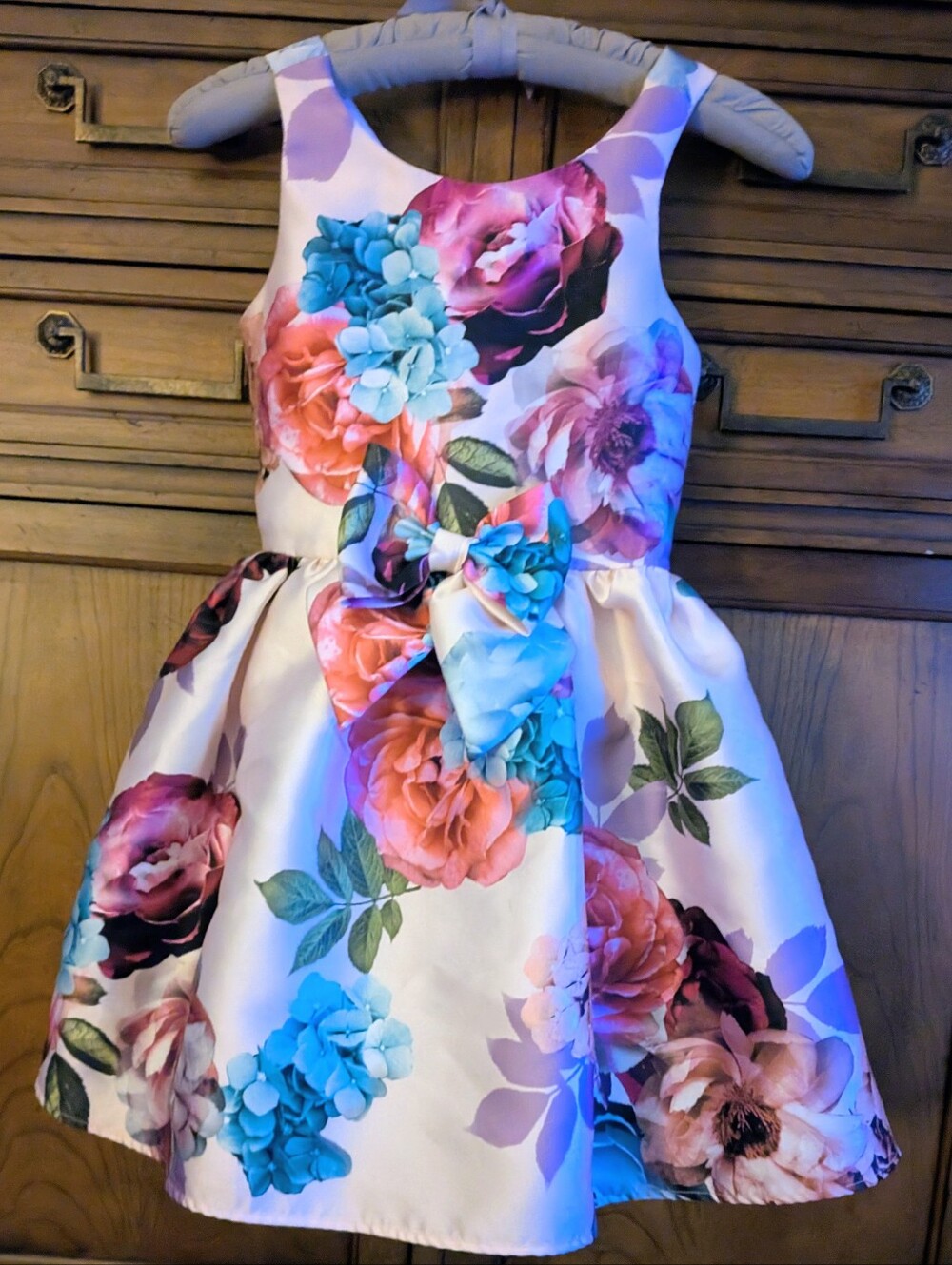 Floral Bow-Front Girls' Party Dress in Cream with Multicolor Blooms